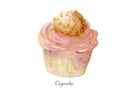 Watercolor hand drawn cupcakes in Illustrations - product preview 4