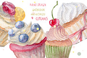 Watercolor set of cupcakes