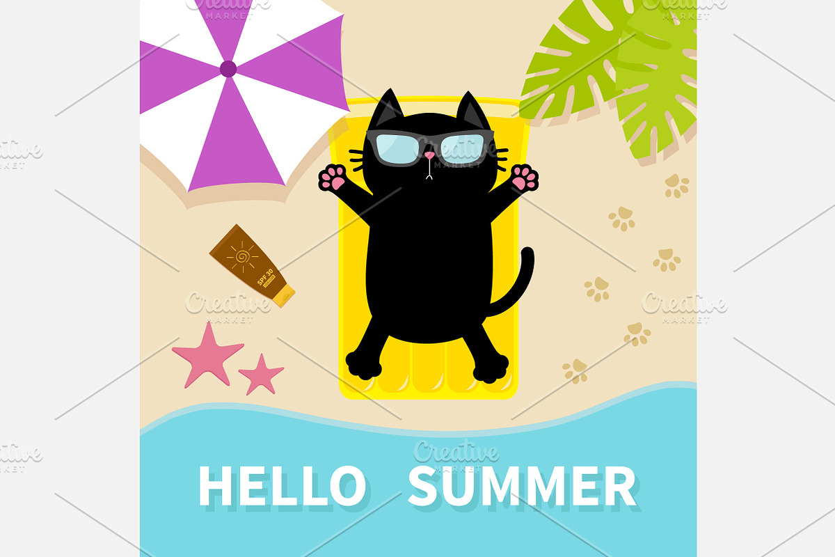 Black cat sunbathing on the beach in Illustrations - product preview 8