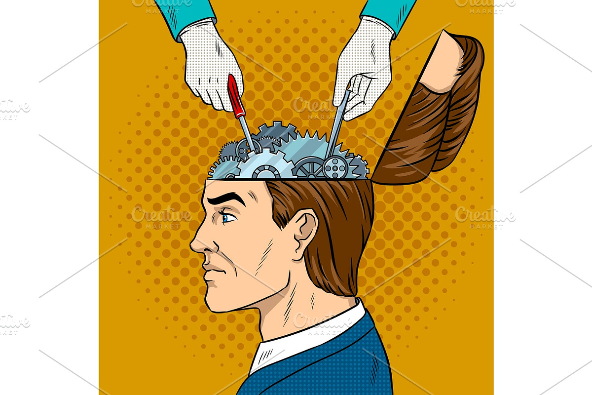 Hands repairs gears in head pop art vector in Illustrations - product preview 8