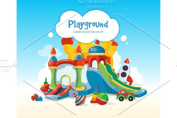 inflatable castles and childrens hills on playground