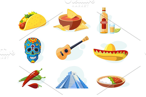 Vector icon set with traditional mexican ellements