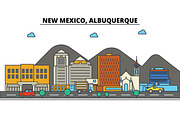 New Mexico, Albuquerque.City skyline: architecture, buildings, streets, silhouette, landscape, panorama, landmarks, icons. Editable strokes. Flat design line vector illustration concept.