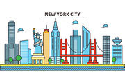 New York, New York City.City skyline: architecture, buildings, streets, silhouette, landscape, panorama, landmarks, icons. Editable strokes. Flat design line vector illustration concept.