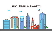 North Carolina, Charlotte.City skyline: architecture, buildings, streets, silhouette, landscape, panorama, landmarks, icons. Editable strokes. Flat design line vector illustration concept.