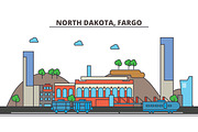 North Dakota, Fargo.City skyline: architecture, buildings, streets, silhouette, landscape, panorama, landmarks, icons. Editable strokes. Flat design line vector illustration concept.