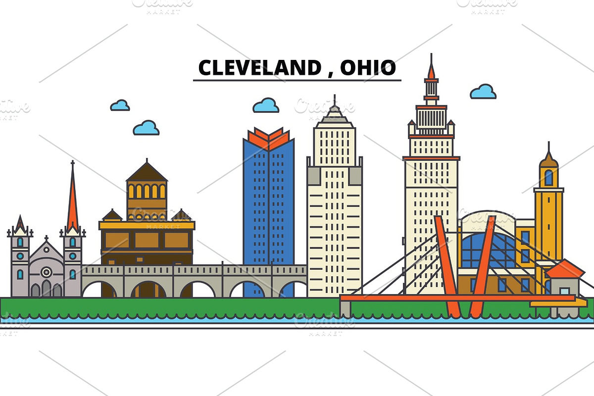 Ohio, Cleveland.City skyline: architecture, buildings, streets, silhouette, landscape, panorama, landmarks, icons. Editable strokes. Flat design line vector illustration concept. in Illustrations - product preview 8
