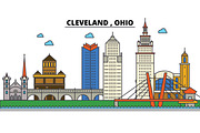 Ohio, Cleveland.City skyline: architecture, buildings, streets, silhouette, landscape, panorama, landmarks, icons. Editable strokes. Flat design line vector illustration concept.