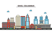 Ohio, Columbus.City skyline: architecture, buildings, streets, silhouette, landscape, panorama, landmarks, icons. Editable strokes. Flat design line vector illustration concept.