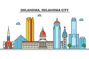 Oklahoma, Oklahoma City.City skyline: architecture, buildings, streets, silhouette, landscape, panorama, landmarks, icons. Editable strokes. Flat design line vector illustration concept.