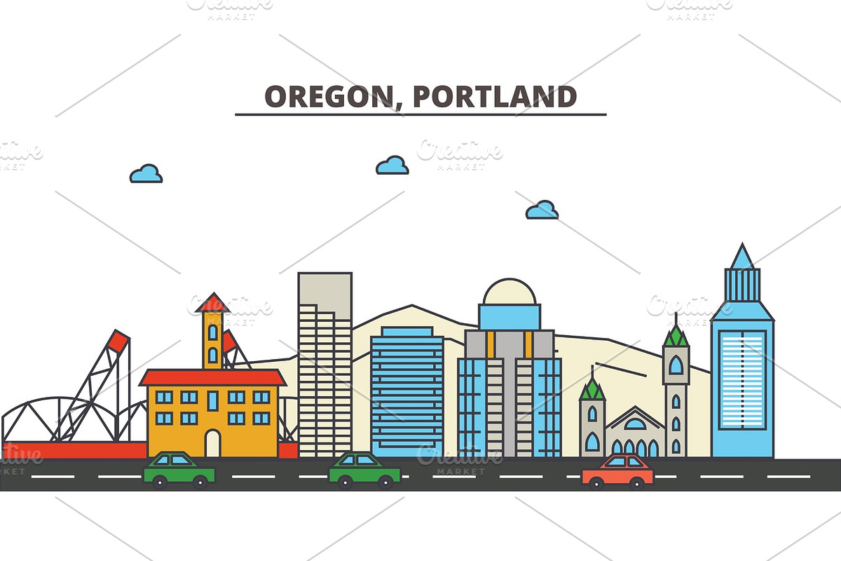 Oregon, Portland.City skyline: architecture, buildings, streets, silhouette, landscape, panorama, landmarks, icons. Editable strokes. Flat design line vector illustration concept. in Illustrations - product preview 8