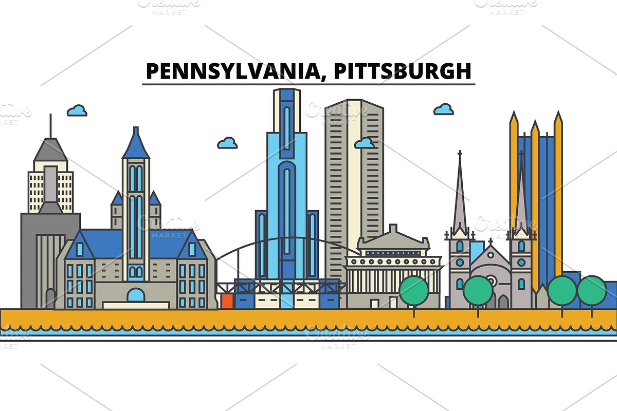 Pennsylvania, Pittsburgh.City skyline: architecture, buildings, streets, silhouette, landscape, panorama, landmarks, icons. Editable strokes. Flat design line vector illustration concept. in Illustrations - product preview 8