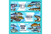 Vector banners for fishing or fish sea life