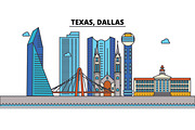 Texas, Dallas.City skyline: architecture, buildings, streets, silhouette, landscape, panorama, landmarks, icons. Editable strokes. Flat design line vector illustration concept.