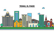 Texas, El Paso.City skyline: architecture, buildings, streets, silhouette, landscape, panorama, landmarks, icons. Editable strokes. Flat design line vector illustration concept.