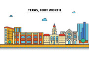 Texas, Fort Worth.City skyline: architecture, buildings, streets, silhouette, landscape, panorama, landmarks, icons. Editable strokes. Flat design line vector illustration concept.