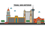 Texas, San Antonio.City skyline: architecture, buildings, streets, silhouette, landscape, panorama, landmarks, icons. Editable strokes. Flat design line vector illustration concept.