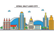 Utah, Salt Lake City.City skyline: architecture, buildings, streets, silhouette, landscape, panorama, landmarks, icons. Editable strokes. Flat design line vector illustration concept.