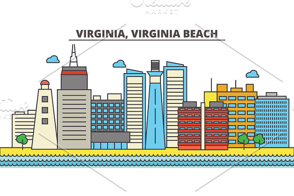 Virginia, Virginia Beach.City skyline: architecture, buildings, streets, silhouette, landscape, panorama, landmarks, icons. Editable strokes. Flat design line vector illustration concept.