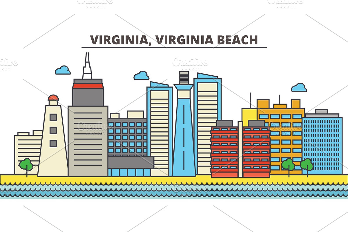 Virginia, Virginia Beach.City skyline: architecture, buildings, streets, silhouette, landscape, panorama, landmarks, icons. Editable strokes. Flat design line vector illustration concept. in Illustrations - product preview 8