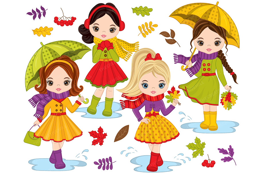 Vector Autumn Cute Little Girls