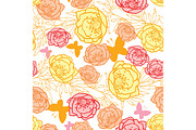 Vector pink, yellow, orange leaves, butterflies, and flowers summer seamless pattern with pastel plants and leaves on white background. Great for vacation themed fabric, wallpaper, packaging.