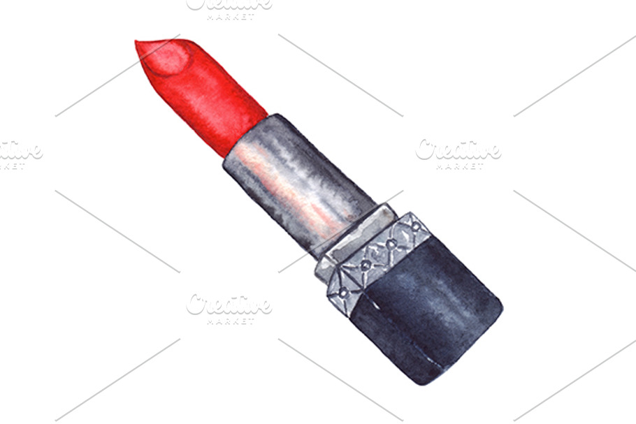Watercolor red lipstick cosmetic art in Illustrations - product preview 8