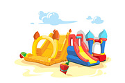 Vector illustration of inflatable castles and children hills on playground