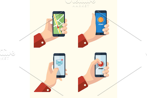 hand holding smartphone icons