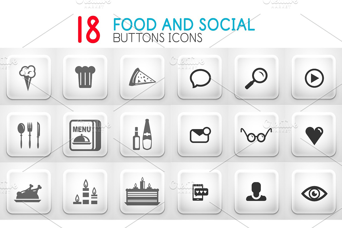 Collection of grey internet push button with icons in Objects - product preview 8