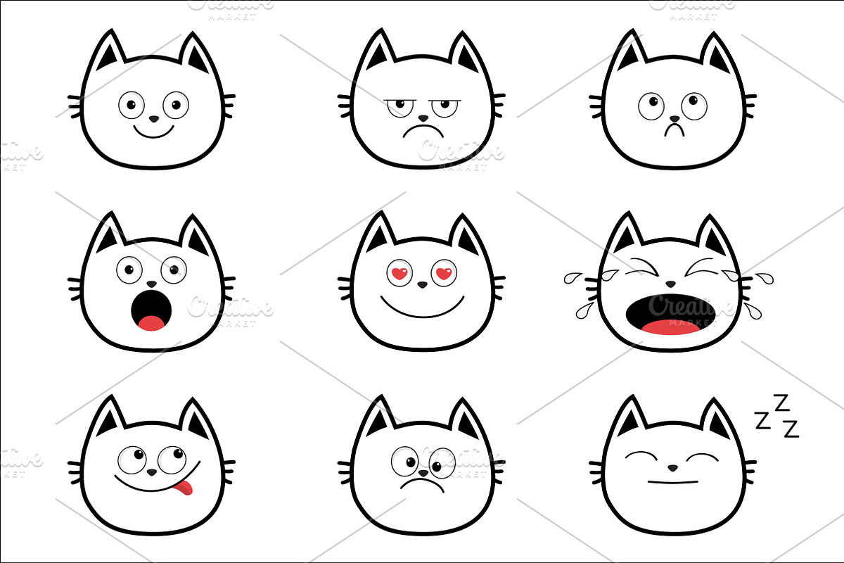 Cute black contour cat emoji set | Custom-Designed Illustrations