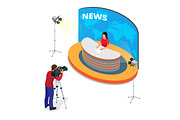 Breaking news reportage and press conference. Journalist interview an analyst. Flat 3d vector isometric illustration.