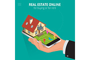 Real estate Online for buying or for rent. Man working with smar
