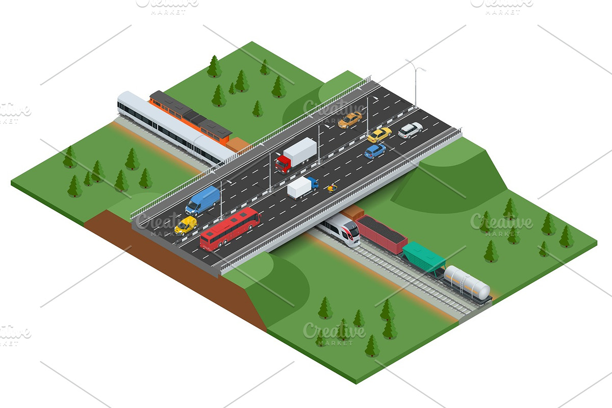 Railroad and bridge with traffic in Illustrations - product preview 8