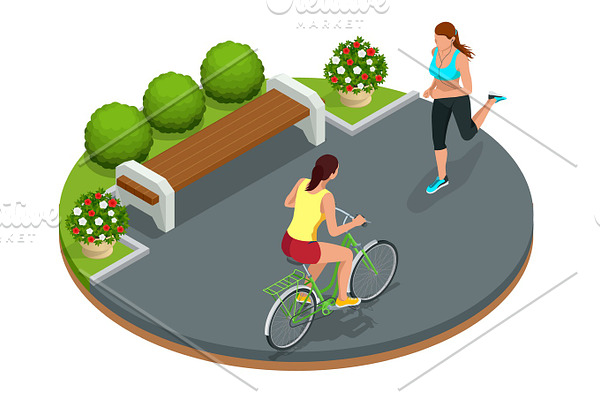 Biker in park, woman running Cycling on bike path. Weekend excur