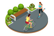 Biker in park, woman running Cycling on bike path. Weekend excur