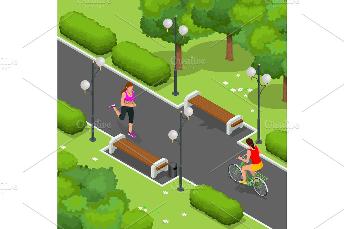Biker in park, woman running Cycling on bike path. Weekend excursion on their bikes on summer day. Flat 3d vector isometric illustration. People riding bikes. Bikers and bicycling. Sport and exercise. in Illustrations - product preview 8