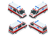 Transport isometric set Ambulance van isolated vector illustration. Emergency medical evacuation accident. Accident Ambulance Aid Service Clinic Emergency Department for Infographics, banner, web