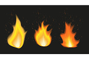 Set of fire flames of various size with sparks on black background