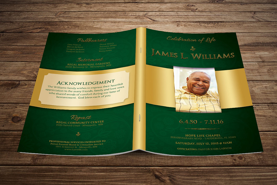 Green Regal Funeral Program Template in Templates - product preview 8