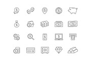 Set of vector bank and money line icons. Coin, cash, card, credit, atm, diamont, wallet, gold, deposit, purse, piggy, diamond, dollar, bag and more. Editable Stroke.