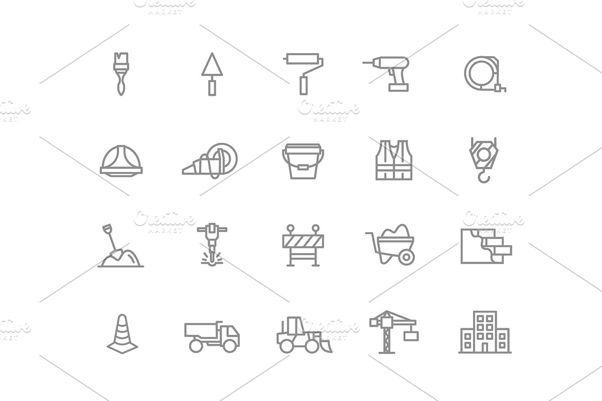 Set of vector construction and repair line icons. Brush, roller, drill, helmet, paint, cone, crane, hook, wall, truck, cament, jackhammer, excavator, workwear, fence, builder and more. Editable Stroke. in Graphics - product preview 8