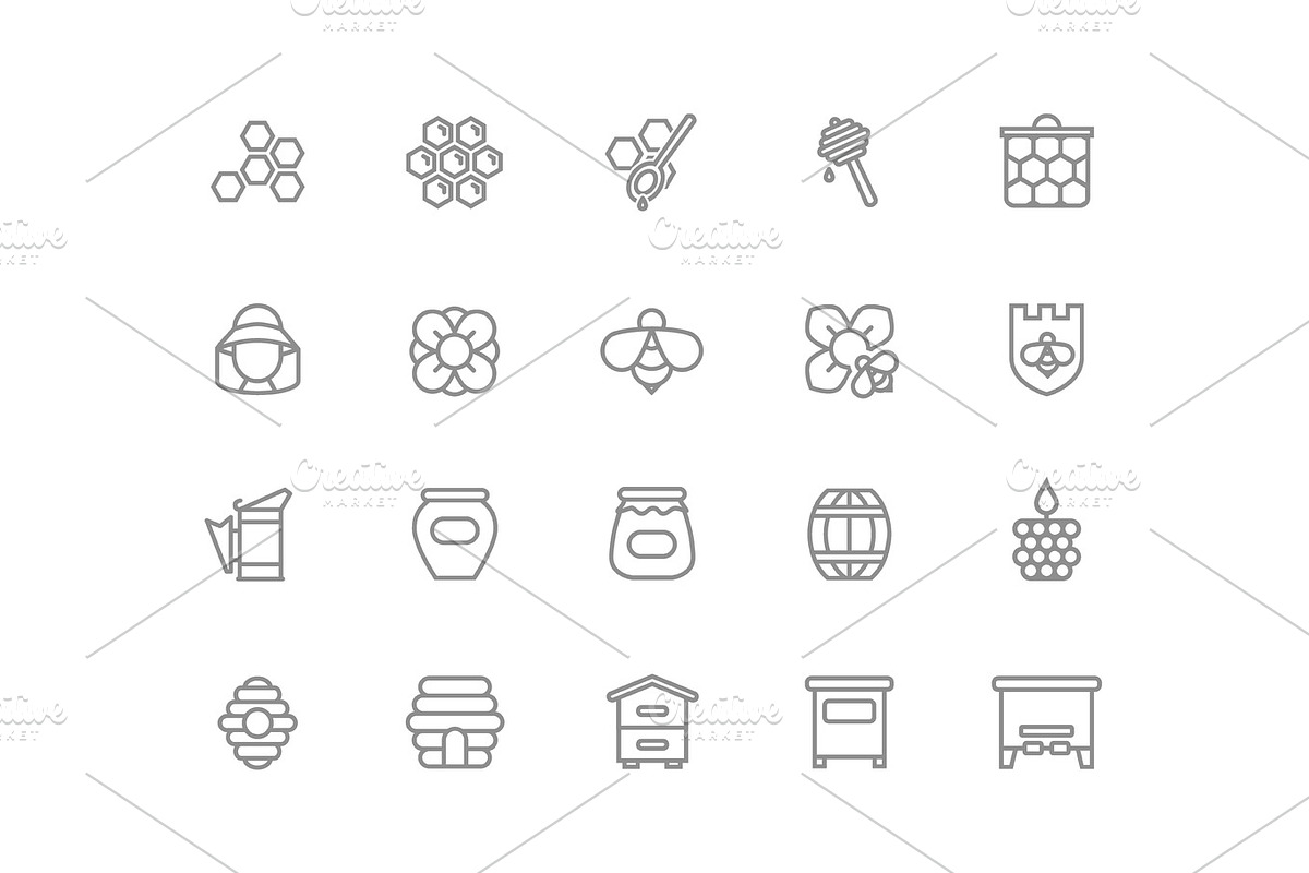 Set of vector honey line icons. Bee, honeycomb, barrel, beekeeper, dipper, jar, flower, beehive, pot, hexagon, beeswax, spoon and more. Editable Stroke. in Graphics - product preview 8