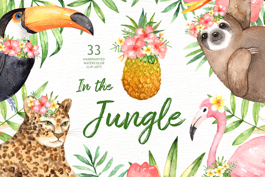 In the Jungle Watercolor Clipart in Illustrations - product preview 8