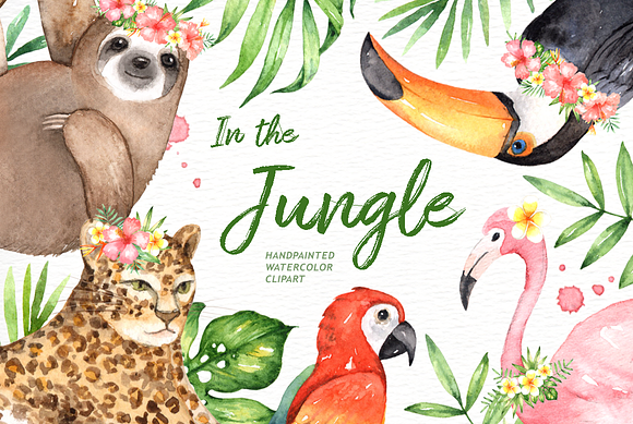 In the Jungle Watercolor Clipart in Illustrations - product preview 1