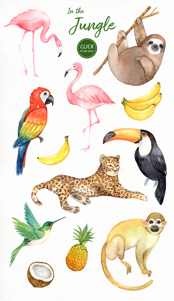 In the Jungle Watercolor Clipart in Illustrations - product preview 2