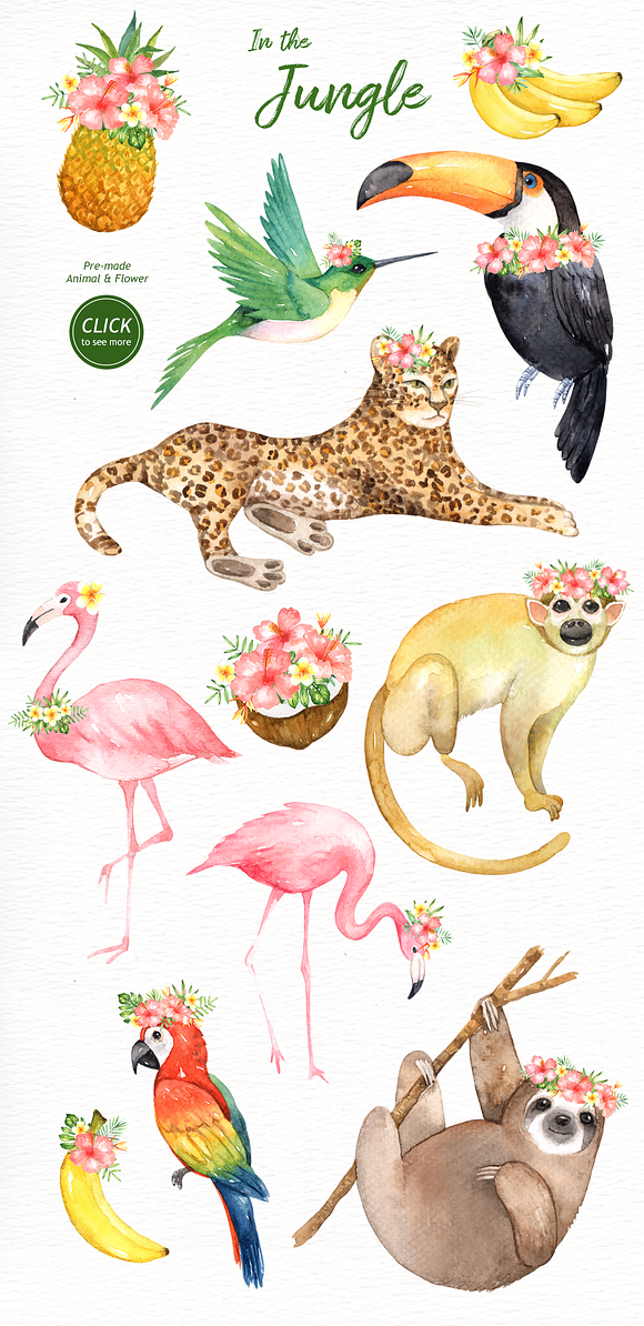 In the Jungle Watercolor Clipart in Illustrations - product preview 4
