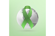 Green ribbon with monochrome earth icon.