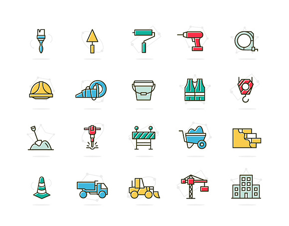 Set of vector construction and repair line icons. Brush, roller, drill, helmet, paint, cone, crane, hook, wall, truck, cament, jackhammer, excavator, workwear, fence, builder and more. Editable Stroke. in Graphics - product preview 1