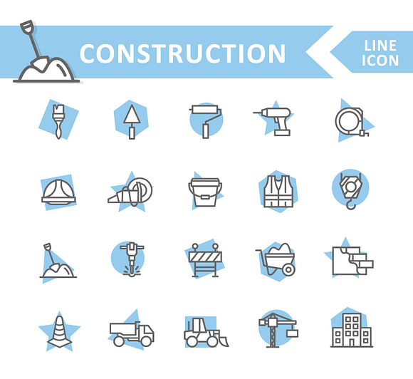 Set of vector construction and repair line icons. Brush, roller, drill, helmet, paint, cone, crane, hook, wall, truck, cament, jackhammer, excavator, workwear, fence, builder and more. Editable Stroke. in Graphics - product preview 2